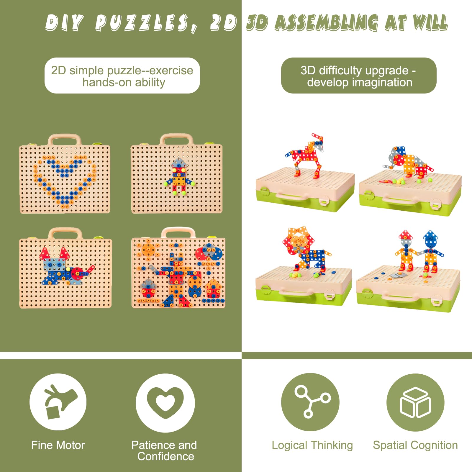 Juguetes Montessori Niño 3 4 5 6 Años Rompecabezas 3D de Dinosaurios Mosaicos Juguetes con Taladro Atornillador Herramientas Juguete EducativosJuegos de Mesa Regalos Niña Niño 3 4 5 6Años(221 Piezas)