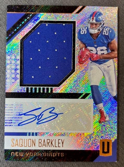 Saquon Barkley 2018 Panini Unparalleled Signed Football Player Worn Jersey Auto Rookie Card #RJA-SB