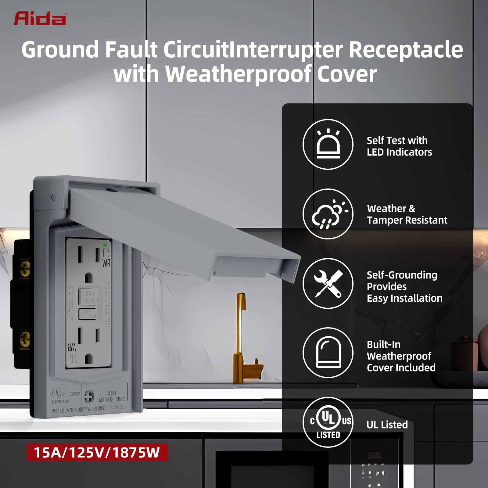 AIDA Prise GFCI 20 A avec couvercle et plaque murale résistants aux intempéries, réceptacle duplex pour salle de bain, cuisine, garage, utilisation en extérieur, certifié UL, gris, 1 pièce