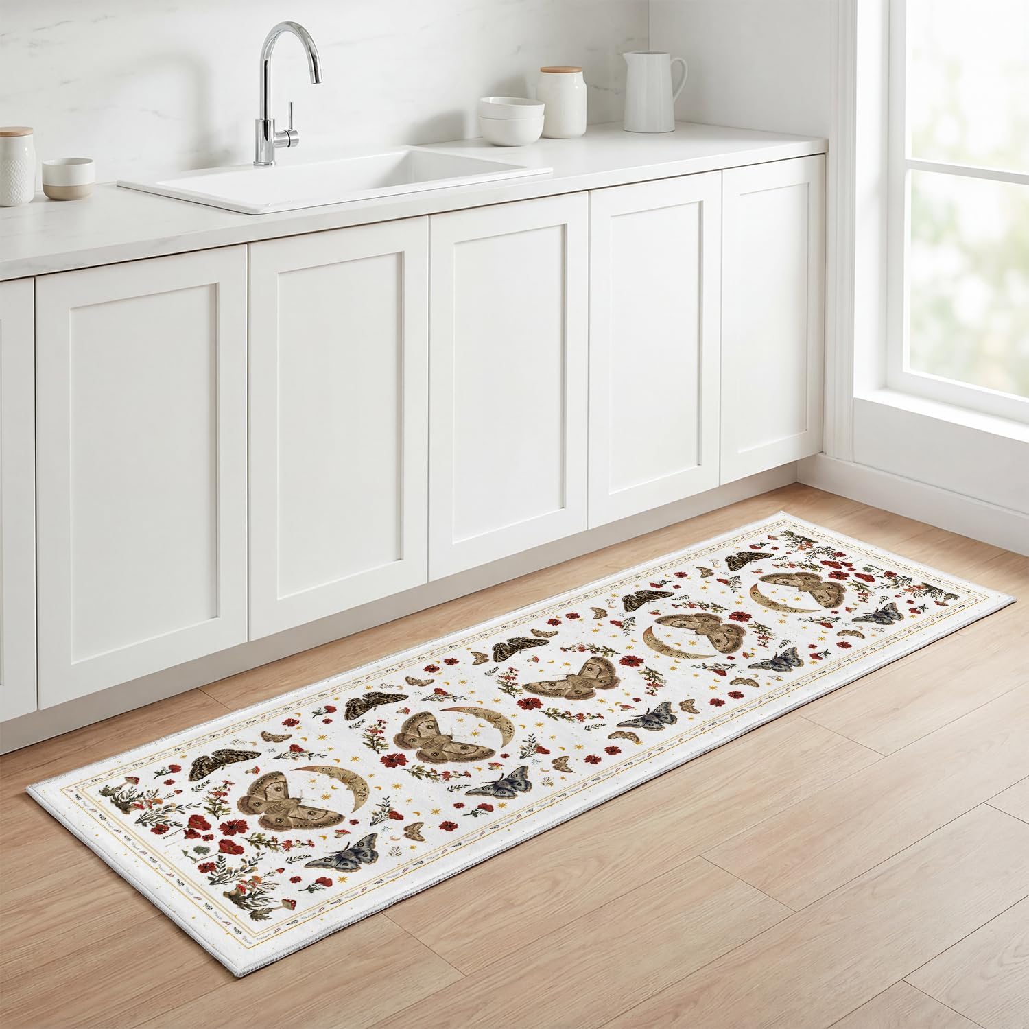Artoid Mode White Poppy Moth Mushroom Moon Runner Rug, Fall Home Decor Low-Profile Non-Slip Washable Carpet Runner for Hallways Kitchen Laundry Bedroom Bathroom Indoor 2x6 Feet