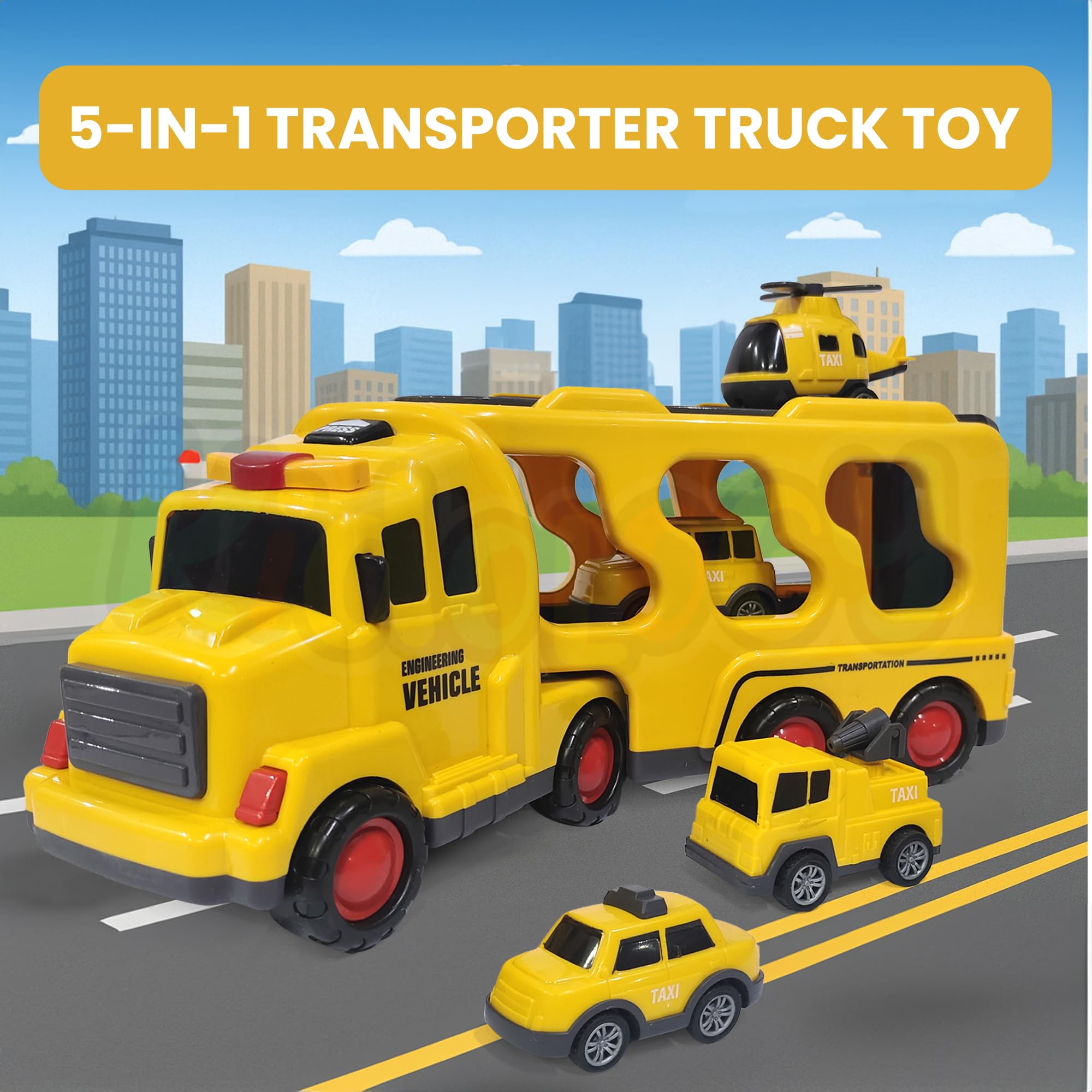 Kidology Construction Truck Toys Cars for Kids & Toddlers 5-in-1 Friction Power Vehicle Toy for Boys, Transport Trucks, Christmas Birthday Gift for Age 3-9 Boys & Girls,Multicolor