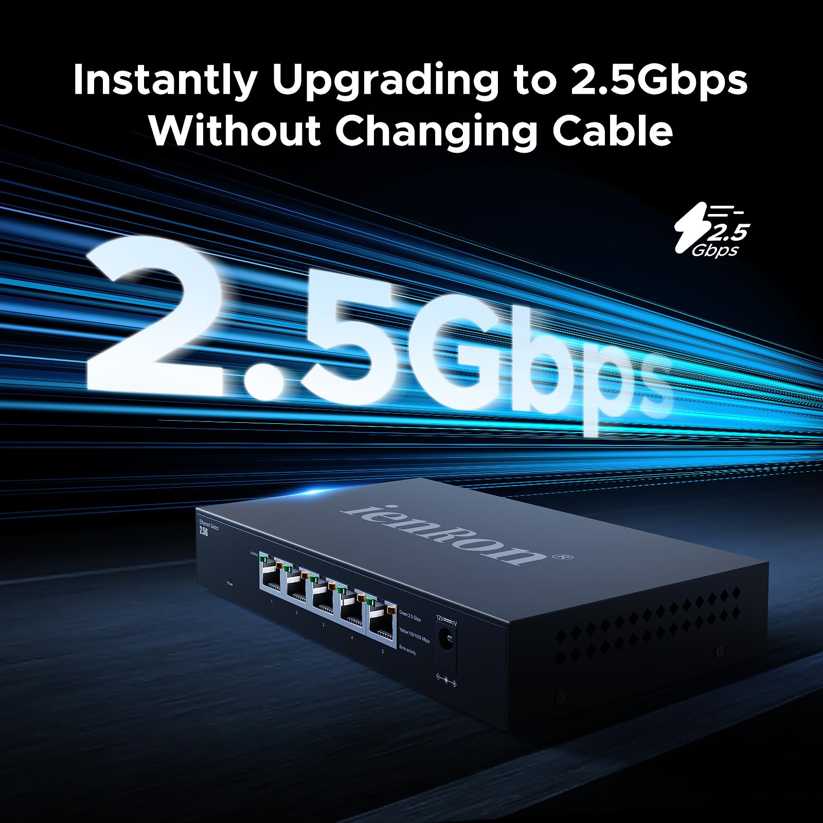 Switch Ethernet a 5 porte da 2,5 g, switch di rete multi-gigabit non gestito, switch da 2,5 GB per giochi, NAS, PC, laptop, Smart TV, Plug & Play, design senza ventole, splitter Ethernet (nero)