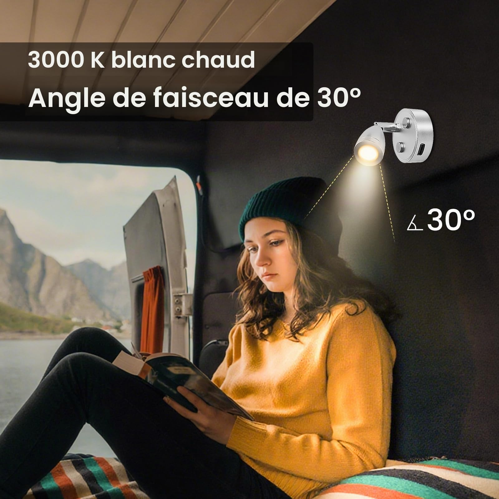 Lampe LED 12V pour Camping Car avec Port USB et Interrupteur Tactile, Spot de Lecture LED 12V Lumière Chaude 3000K, Lampe de Lecture 12 V Dimmable pour Caravane, Bateau et Yacht, Lot de 2