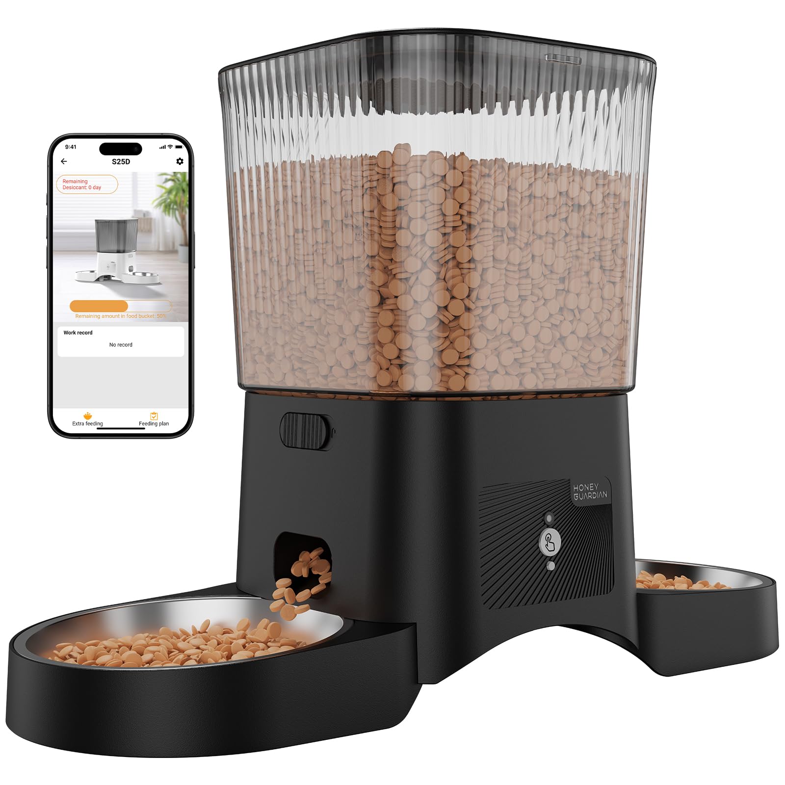 HONEYGUARDIAN Comedero Automático Gatos 2 Tazones, 5G/2.4G WiFi Dispensador Comida Gatos/Perros Automático, Control de App, 4 Pies Antideslizantes, 1-6 Comidas/dÃa, Múltiples Mascotas, 3.5L Doble