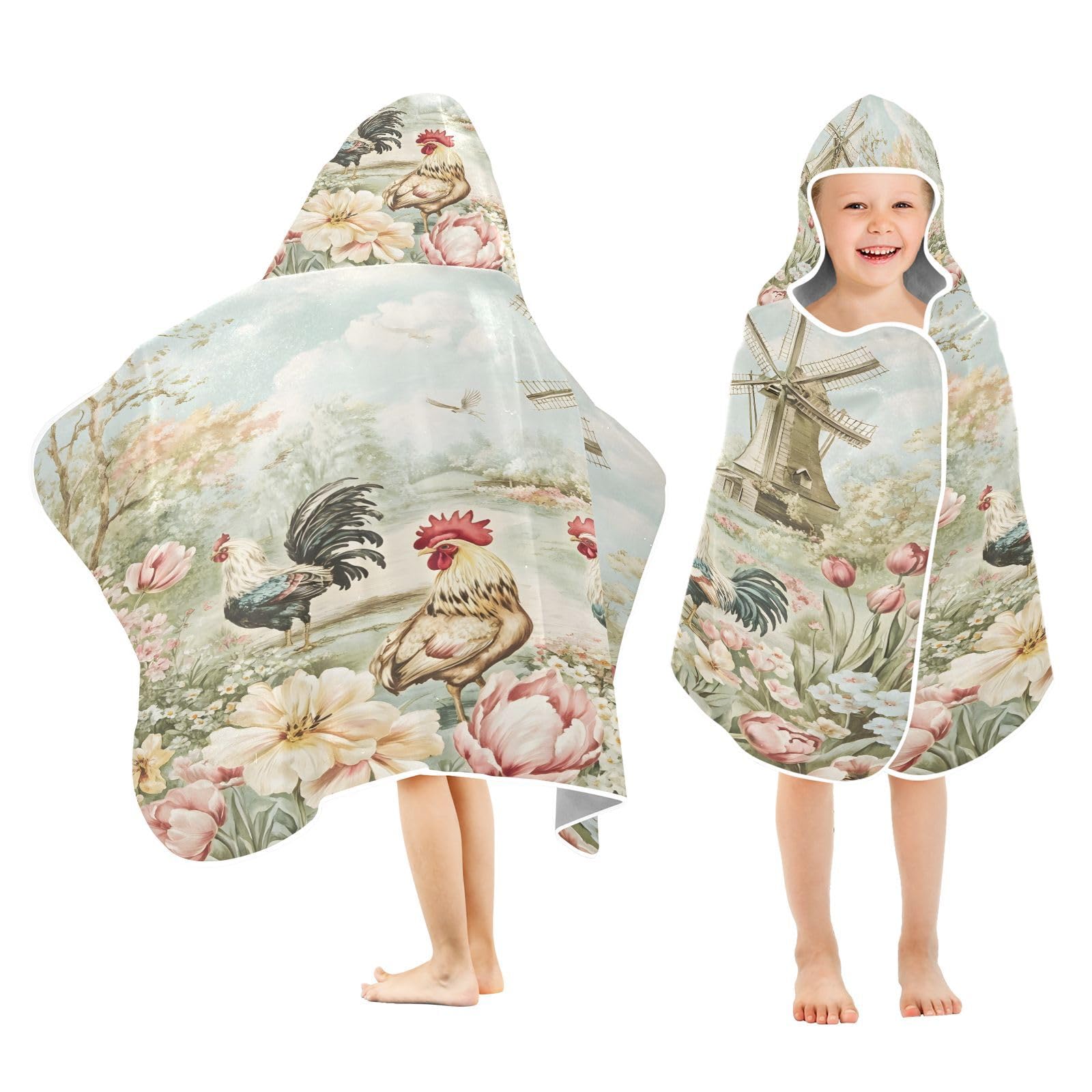 Kigai Rooster Flowers Hooded Beach Towel for Kids Soft Absorbent Quick Dry Bath Towel with Hood Lightweight Toddler Shower Pool Bath Wrap for Boys Girls