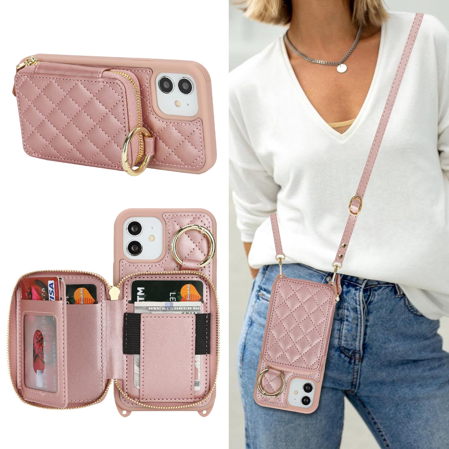 Crossbody Wallet Case for iPhone 12-Rose Gold