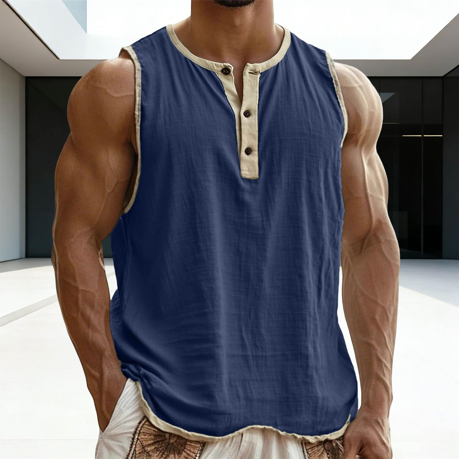 Débardeur Lin Homme Sport - col Mao - Henley Shirt Chemise en Lin sans Manches - Débardeurs Décontracté - Maillot de Corps d'été - Debardeur de Plage - Couleur Unie -Ample et Respirant T-Shirts Top