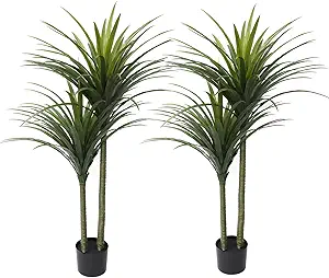 Artificial Dracaena Tree 5FT, Tall Fake Plants for Indoor Outdoor Decor, Large Faux Tree with Pot for Home Office Living Room Decor (2pcs)