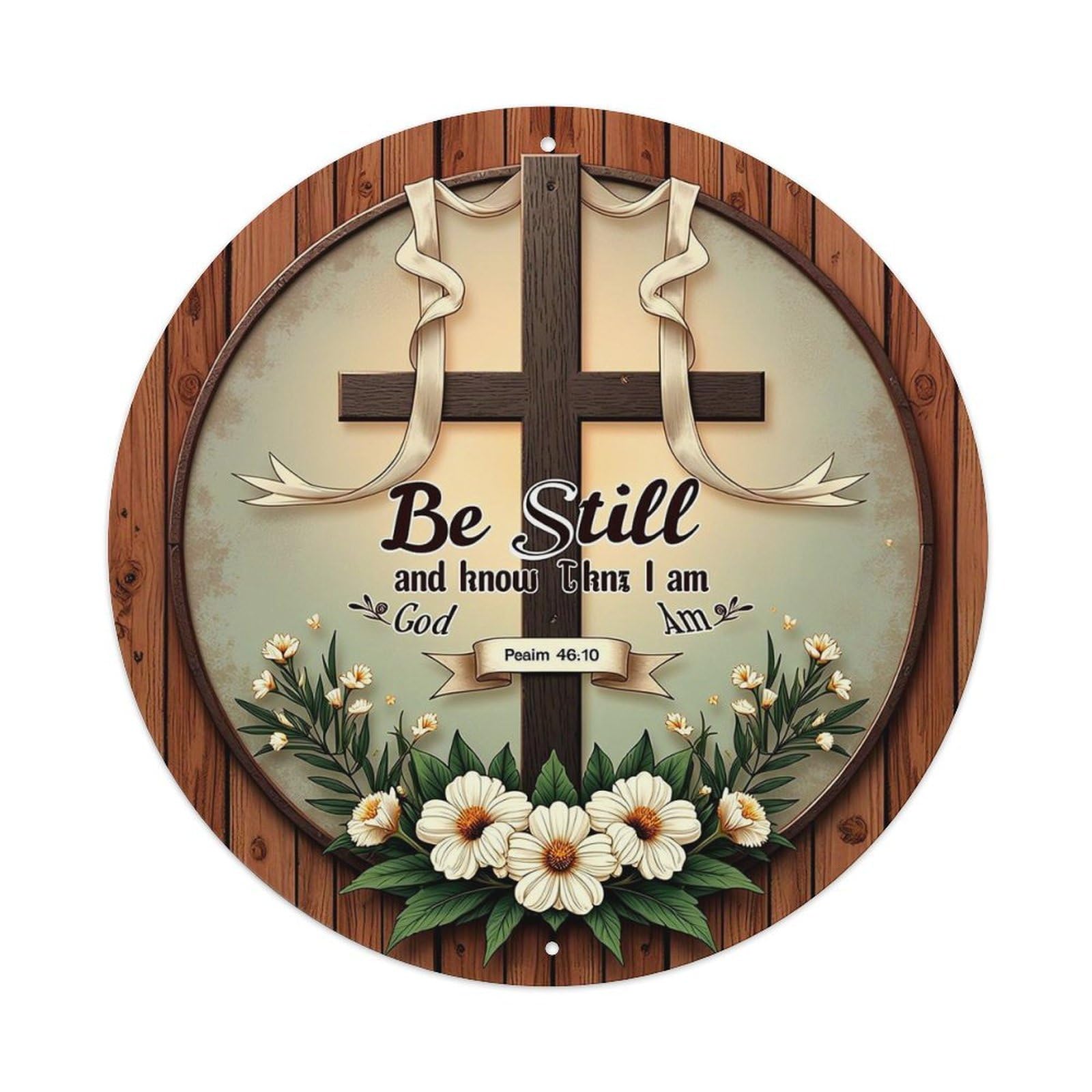 Cross Ribbon Flowers Scripture Wood Retro Metal Sign Round Tin Sign, Vintage Decor Art Poster for Bar, Home, Man Cave, Kitchen, Laundry Room Gift 8x8Inch