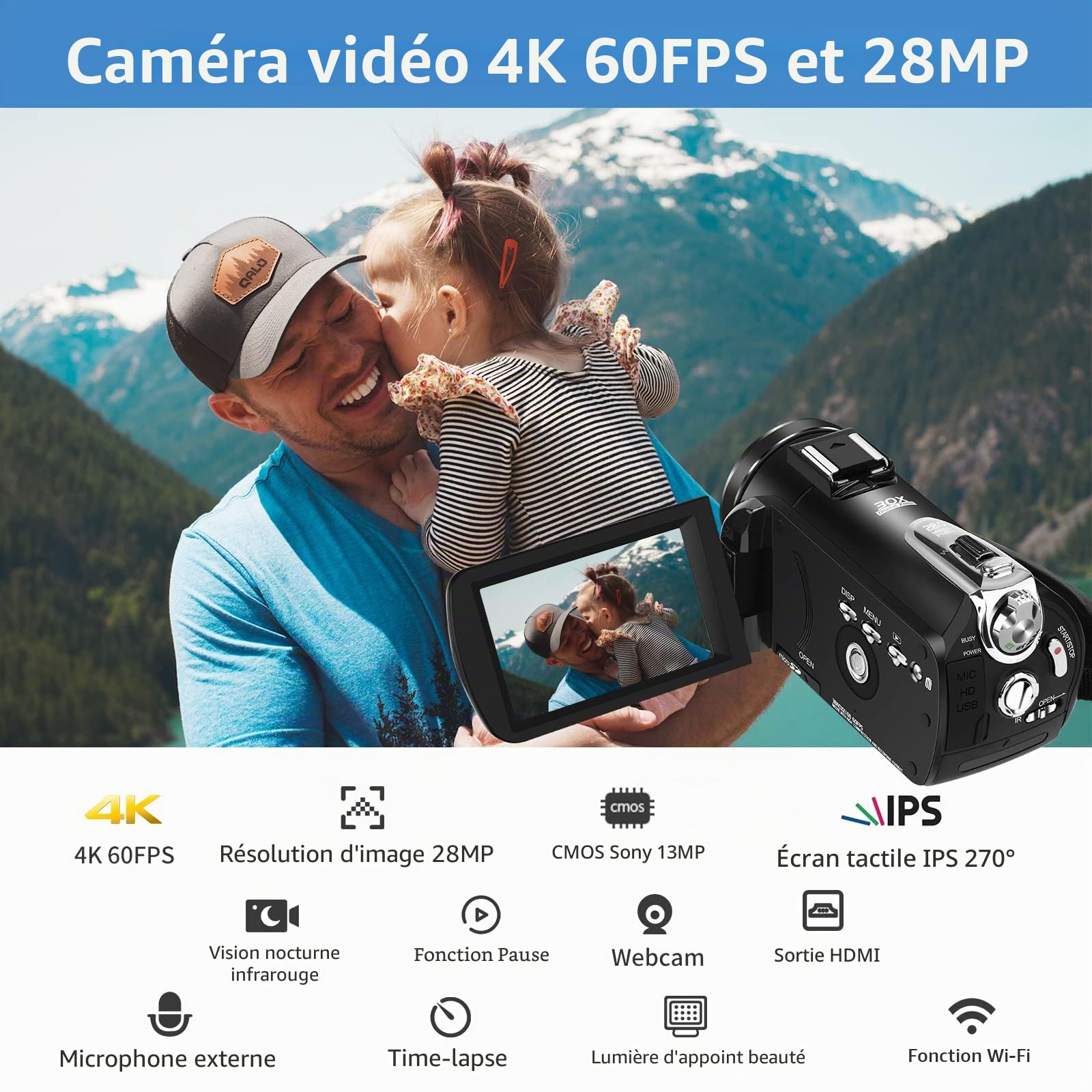 ORDRO Caméscope 4K avec vision nocturne infrarouge, zoom numérique 30x, WiFi, microphone externe et stabilisateur – Caméra de vlogging UHD 30 fps pour YouTube