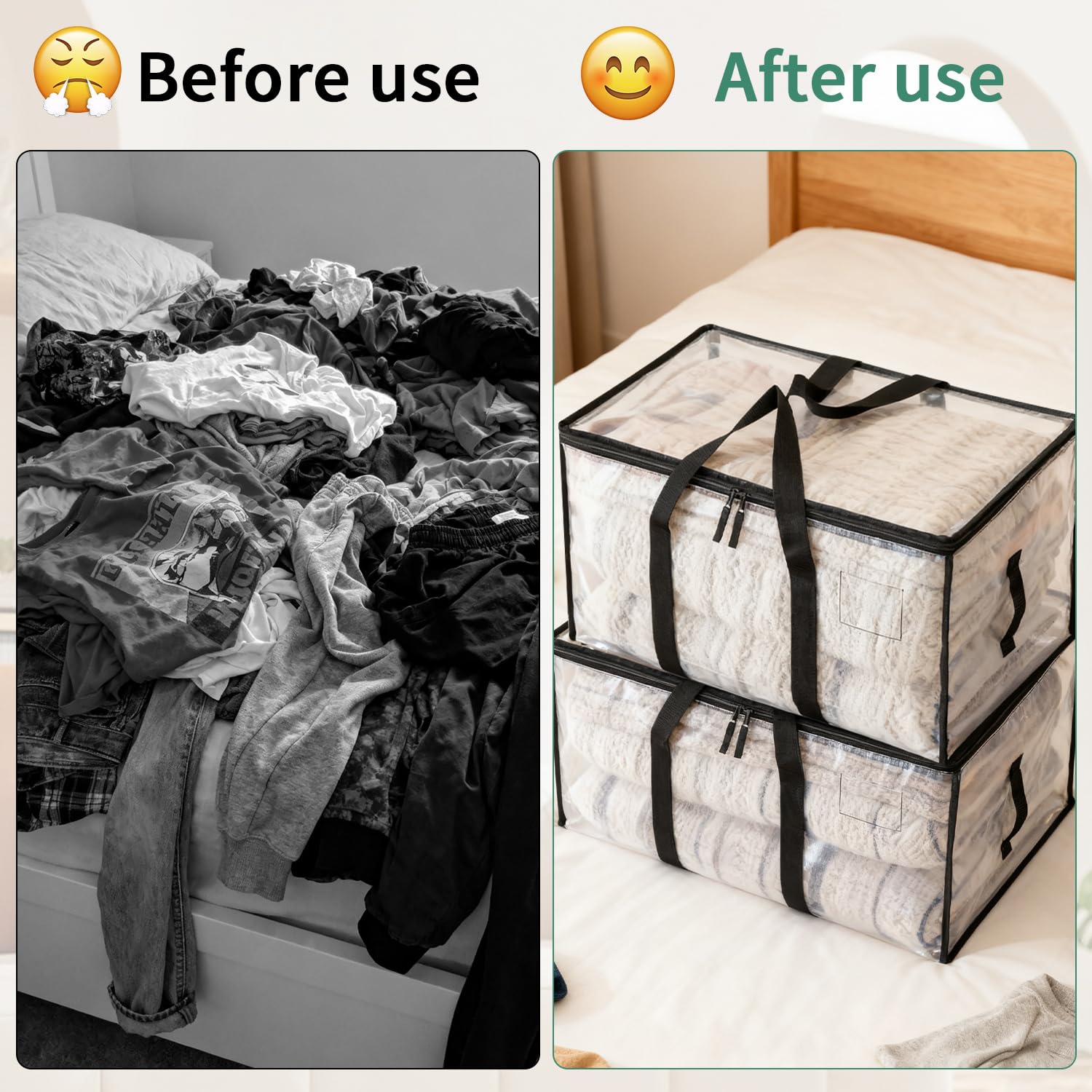 Lot de 2 90L Grands Sac de Rangement avec Couvercle et Poignées Renforcées, Sac Rangement Vetement, Cartons Déménagement Résistant pour Rangement des Vêtements et voyages, Sac à Linge