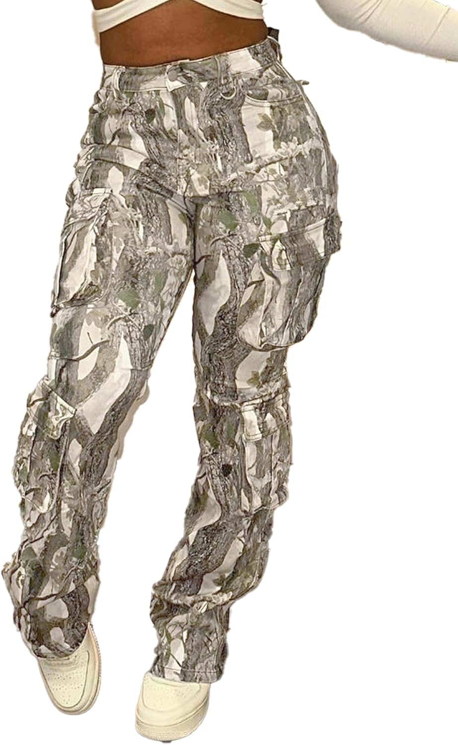 Women's Camo Cargo Pants High Waist Wide Leg Camouflage Army Fatigue Trousers with Pockets Sweatpants - Image 2