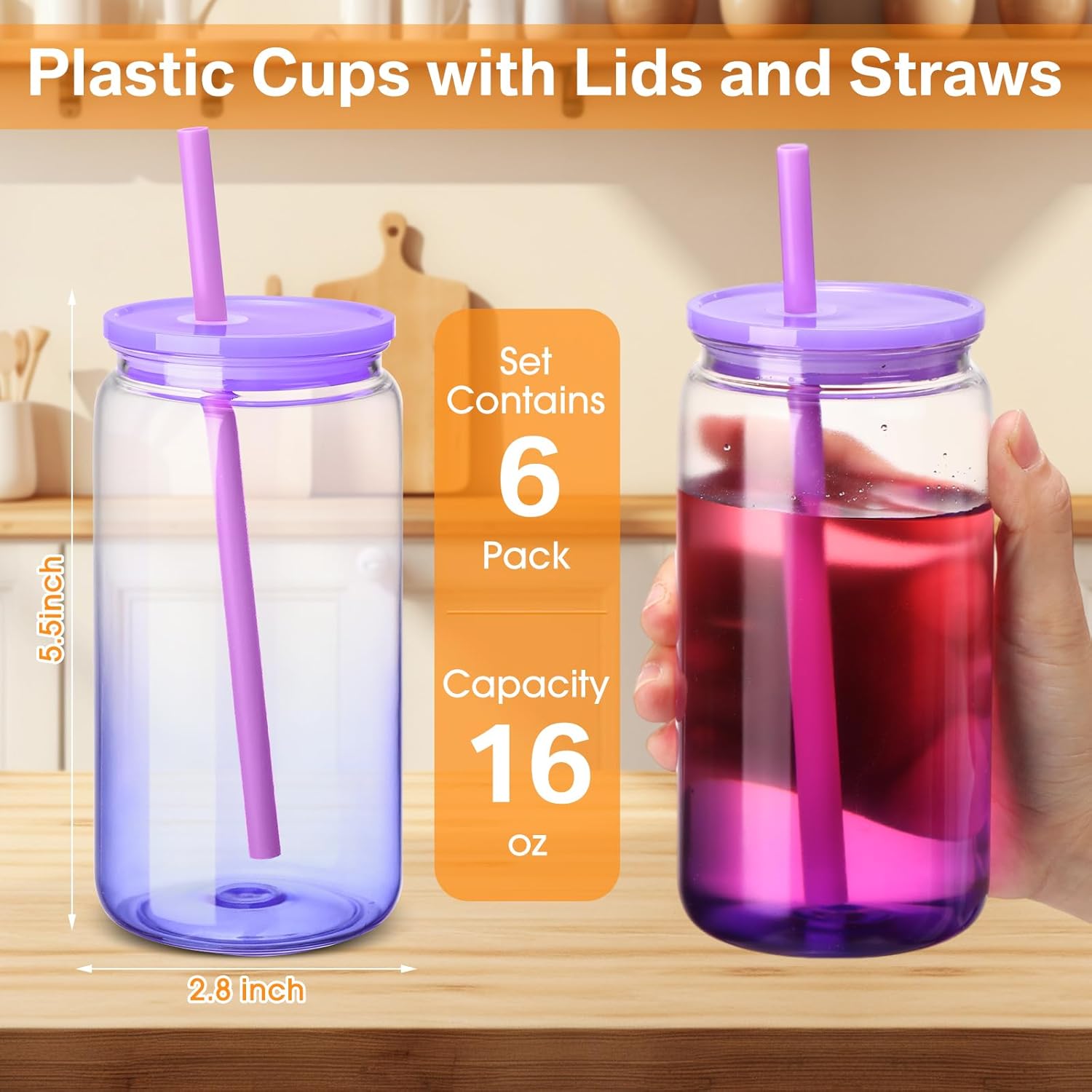 Blushtier 6 Acrylic Mason Jars with Lids and Straws 16 oz Drinking Plastic Tumbler with Straw Iced Coffee Cups Water Bottles Mugs for Wedding Party Favor Water Milk Beer Juice Beverage (Fade)