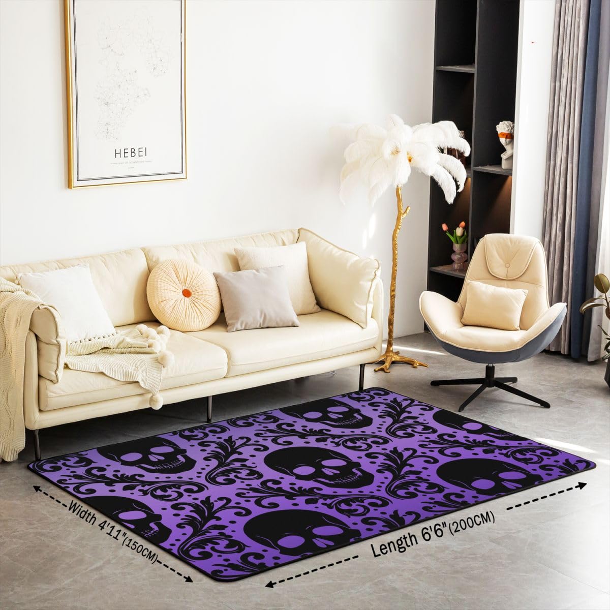 Loussiesd Tapis Salon 100x150cm Crâne Violet Tapis d’intérieur et d’extérieur Gothique Boho Bohème Doux Antidérapant Moderne Goth Damask Imprimer pour Salon et Chambre Lavable
