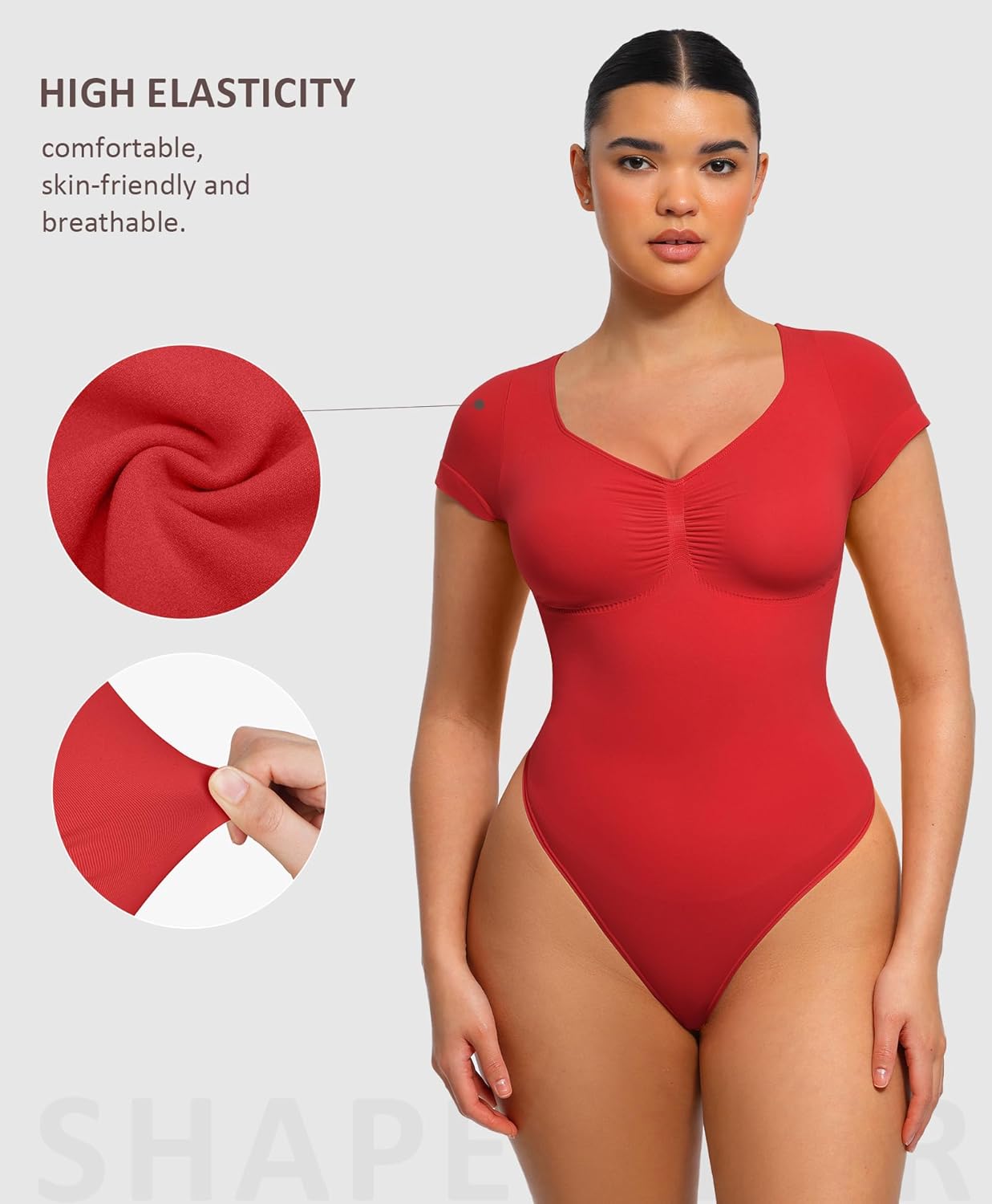 FeelinGirl Short Sleeve Bodysuit for Women V Neck Tummy Control Shapewear Seamless Thong Body Suits Tops - Image 3