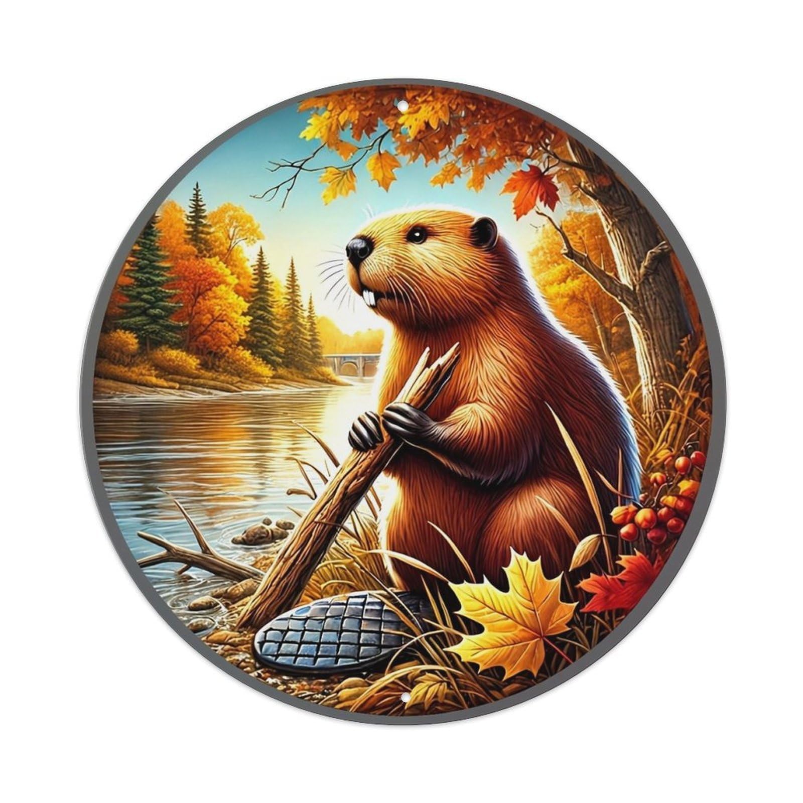 Beaver Autumn River Scene Nature Round Metal Tin Sign Vintage Wall Decor, Bar Garage Cafe Kitchen Home Wall Art Poster 8x8inches