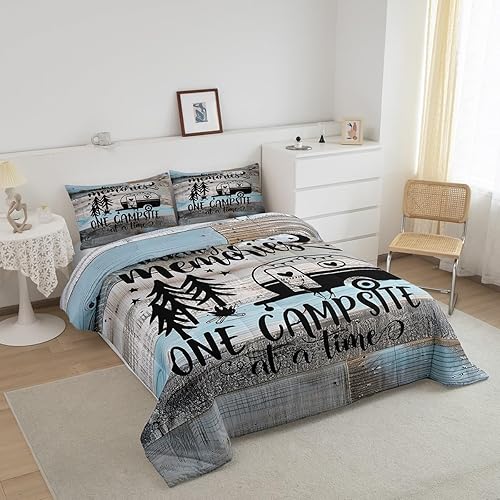 Miniatura 3 de Juego de edredón para niños, diseño de camping feliz, tamaño Queen, juego de ropa de cama de estilo campista para caravana, estilo vintage
