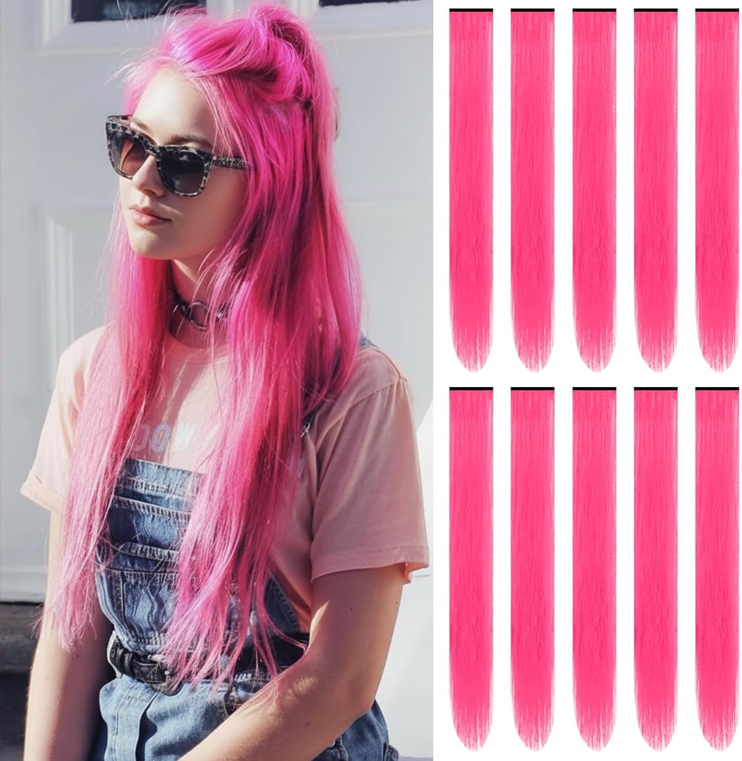 22 inch Colored Hair Extensions Straight Hairpiece,Pink Color Party Highlights Clip in Long Synthetic Hair Extensions for Women Girls Cosplay Styling Favor Gift(10 PCS Hot Pink)