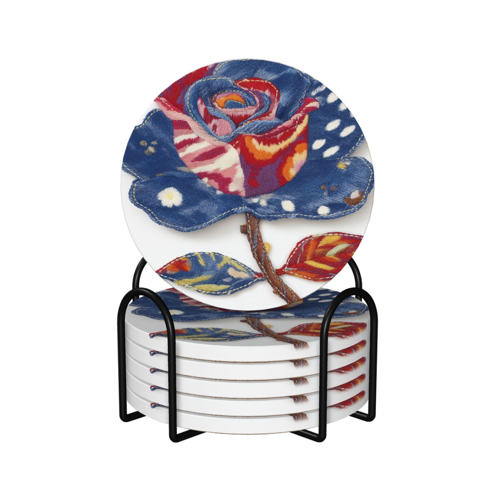 Patchwork Denim Rose Ceramic Coasters with Holder 6ps
