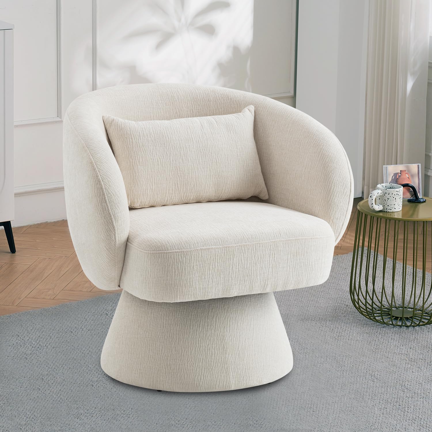 Rongbuk 360° Swivel Accent Chair, Modern Velvet Barrel Chair with Pillow, Upholstered Single Sofa for Living Room, Bedroom, Office, Ivory