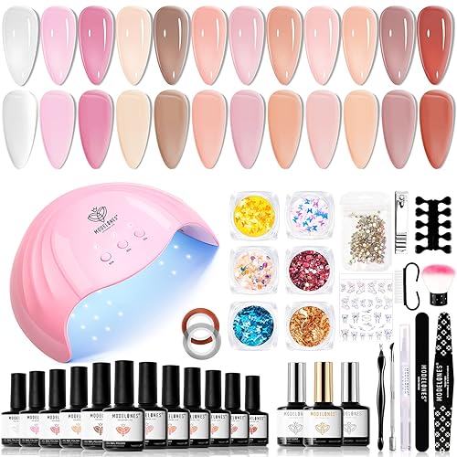 Modelones juego de esmalte de uñas en gel de 12 colores, lámpara UV de 48 W, base en gel y acabado, purpurina, cintas de rayas, diamantes de