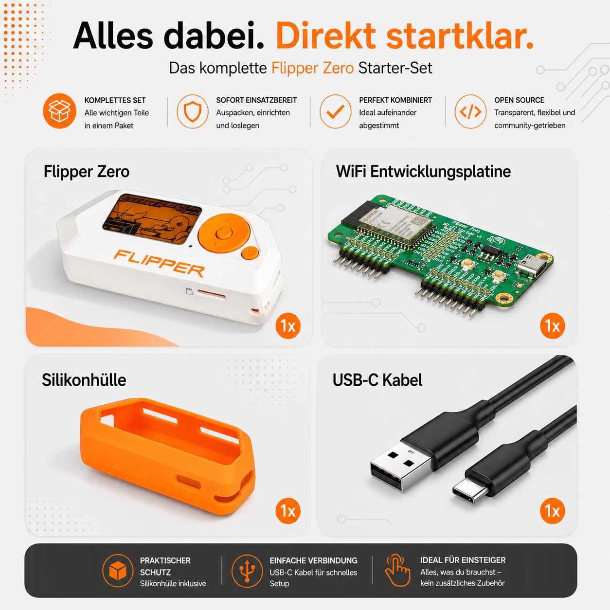 Flipper Zero Starter Set | Flipper Device | WiFi-Board | Silikonhülle