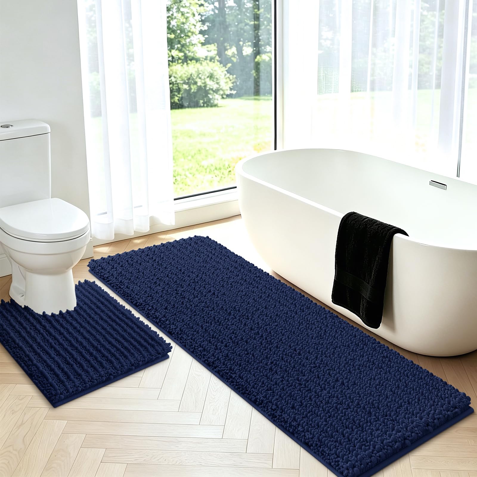 Upgrade Luxury 2 Piece Navy Blue Toilet Bathroom Rug Mat U Shape 24"x20"+48"x20", Ultra Soft Thick Absorbent Bath Mats, Non Slip Chenille Toilet Mat for Bathroom, Bedroom, Kitchen, Shower, Tub