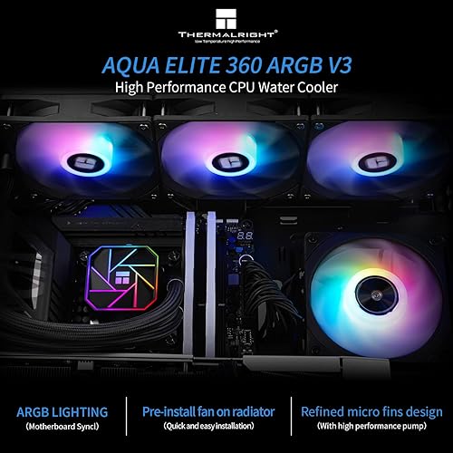 Miniatura 4 de Thermalright Aqua Elite 360 V3 Enfriador de CPU de refrigeración por agua, 3 ventiladores PWM ARGB con rodamientos S-FDB, bomba controlada PWM Negro
