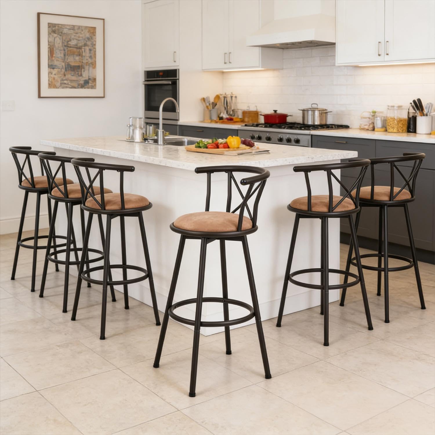 MEUBLE COSY Set di 2 Sgabelli da Bar o Cucina, Girevole a 360°, con Schienale e Poggiapiedi, Imbottiti in Similpelle, per Bancone, Sala da Pranzo e Casa
