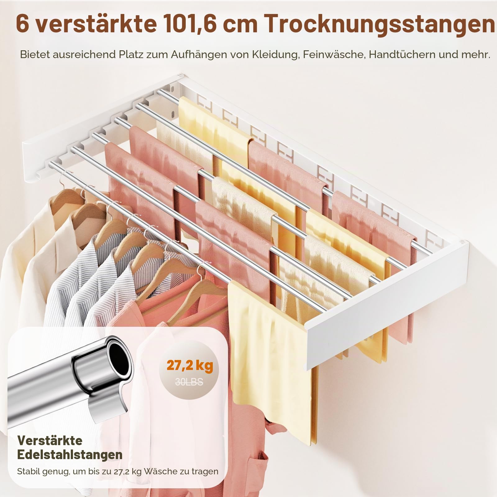 Wandmontierter klappbarer Wäscheständer, Faltbarer unsichtbarer Platzspar-Wäschetrockner, ausziehbarer Handtuchtrockner mit Bohrschablone (6 Trockenstangen, Weiß 100 cm)