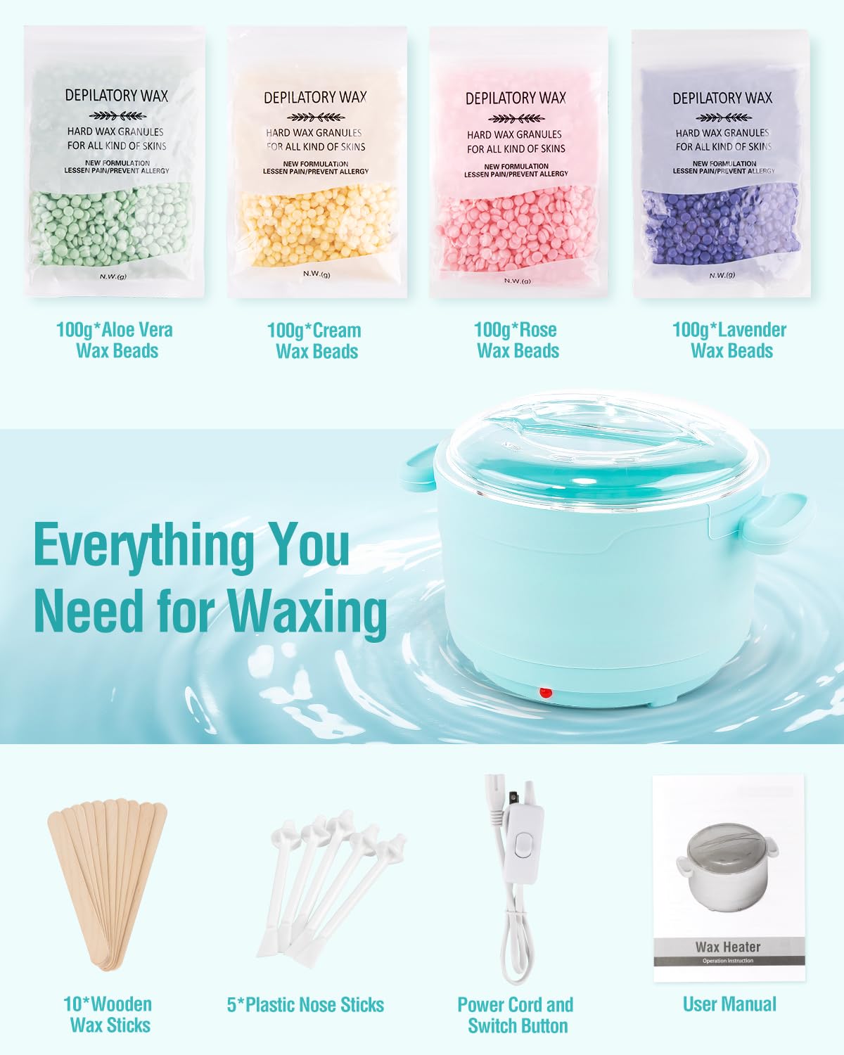 Kit per ceretta, scaldacera pieghevole con 4 confezioni di perline di cera dura, vasetto di cera in silicone per tutto il corpo, viso, sopracciglia, gambe, bikini, kit per la depilazione a casa con 15