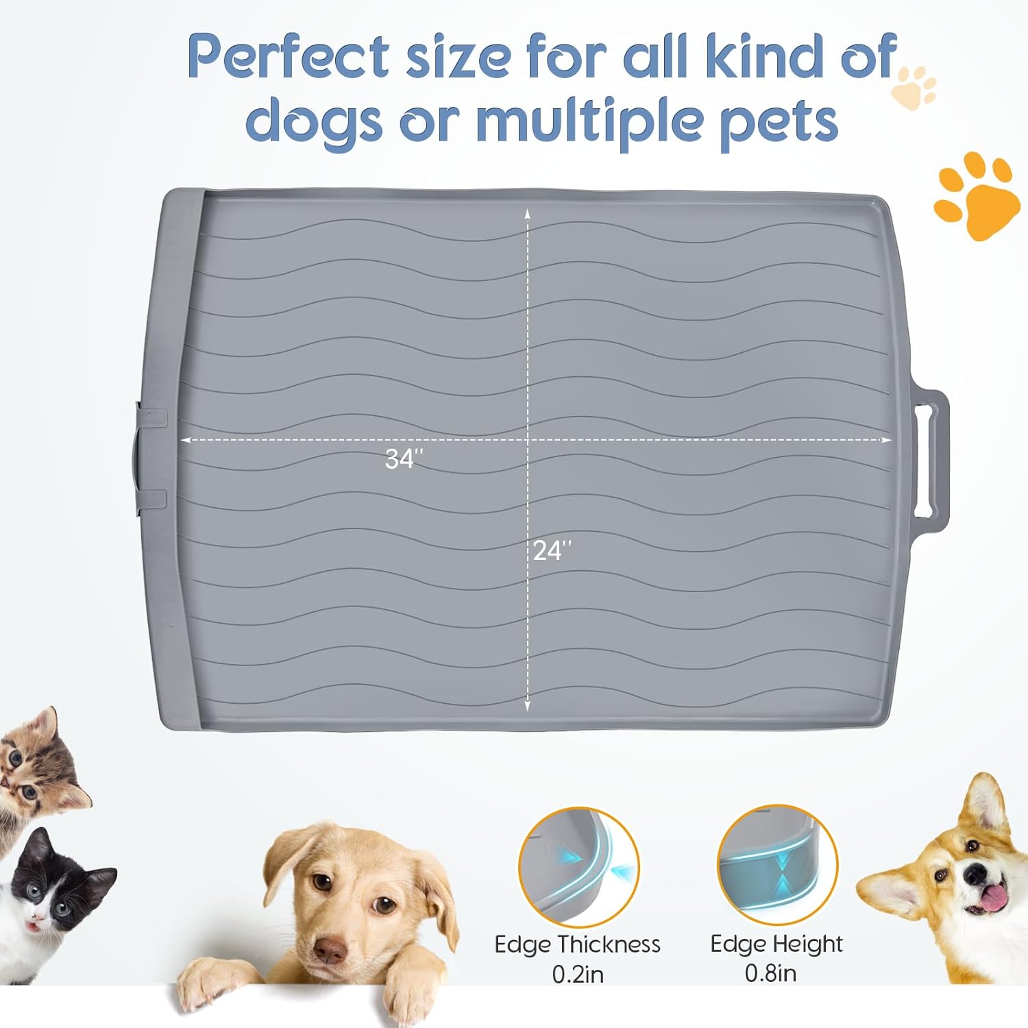 Dog Food Mat, 34"X24" Large Dog Mats for Food and Water Silicone Pet Food Mat with Residue Collection Pocket Waterproof Large for Feeding Cat Bowl Floors-Gray