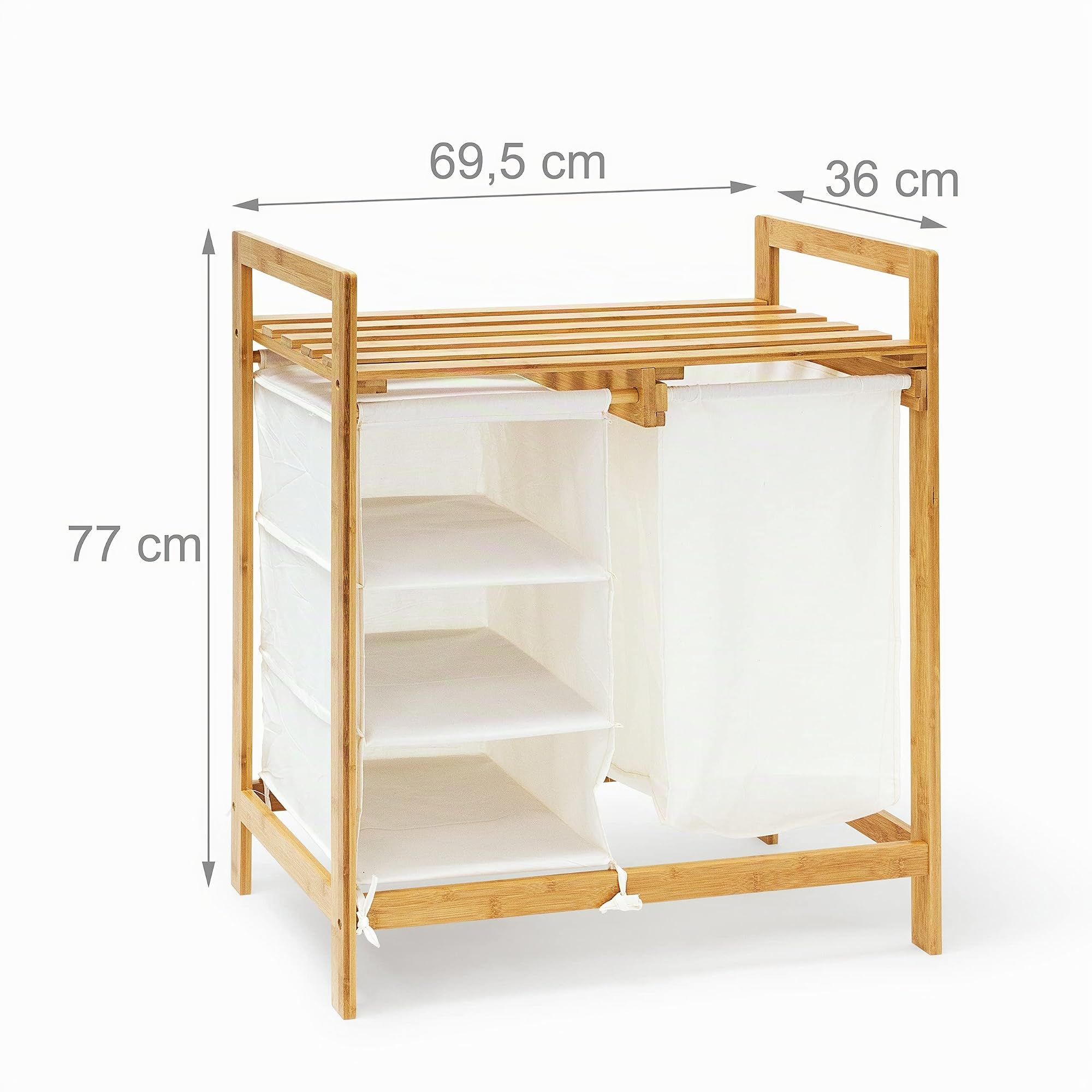 Relaxdays Scaffale Portabiancheria Linea, HLP: 77x69,5x36 cm, 40 Litri, 2 Ripiani Portaoggetti e 3 Scomparti, Naturale, Bambú, Marrone, 36x69.5x77 cm