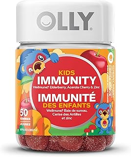 OLLY Kids Immunity Gummy Supplement with Wellmune, Aceorola Cherry, Vitamin C and Zinc Cherry Berry Flavour to boost immunity 25 day supply 50 gummies