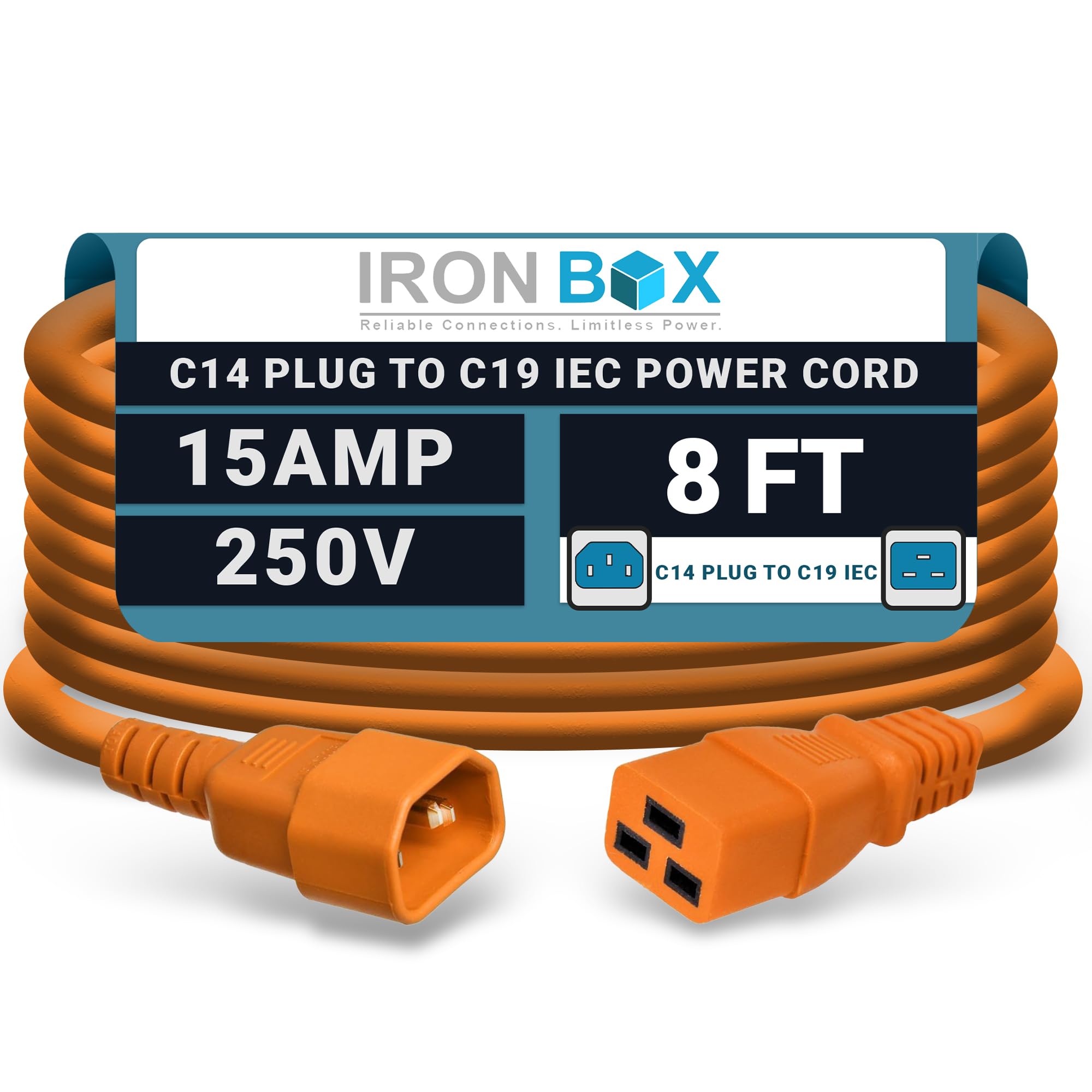 IronBox Electric - Heavy-Duty C14 to C19 Power Cord, 15A, 250V, 14/3 SJT - IEC60320 PC Cable for Computer Extensions, Monitor, PSU - C14 Male to C19