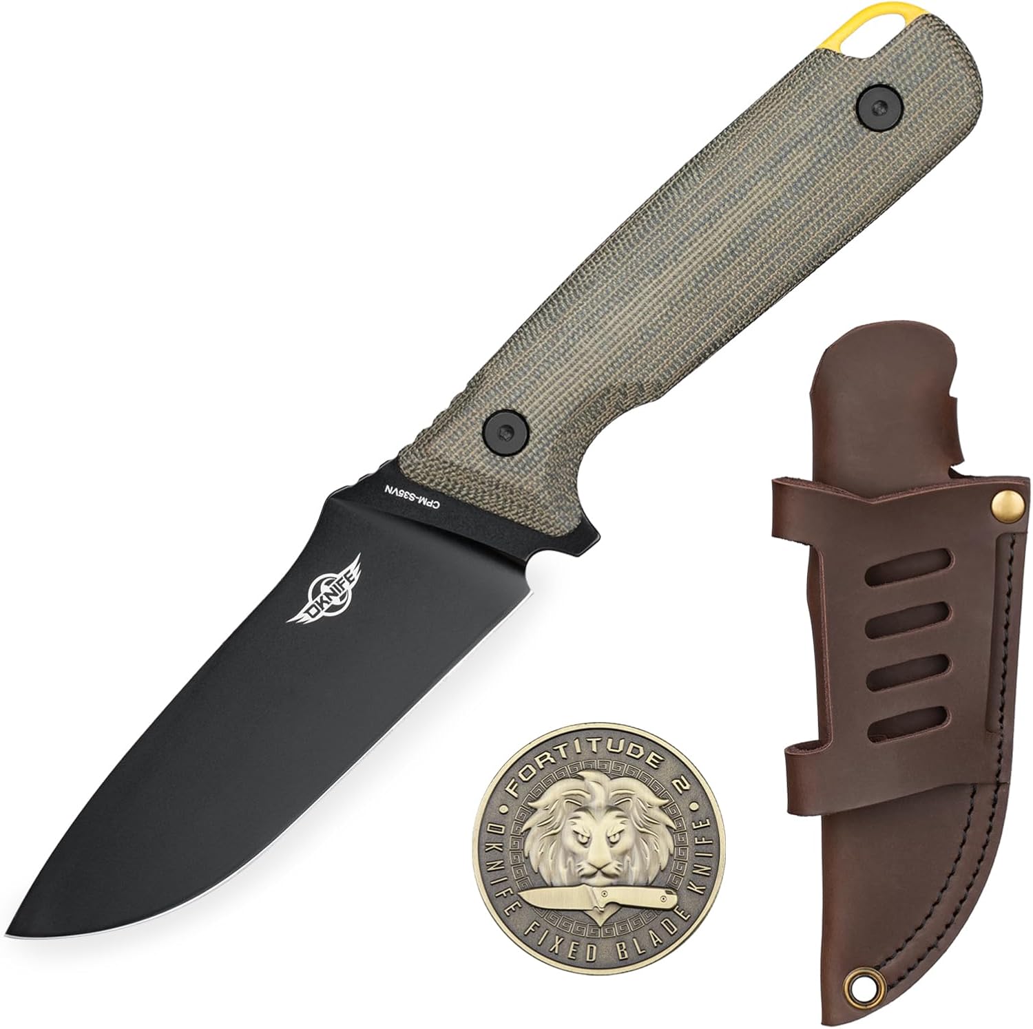 OKNIFE Fortitude 2 Full Tang Fixed Blade Knife CPM-S35VN Steel, Micarta & G10 Handle, Drop Point with Leather Belt Sheath for Camping, Hunting, EDC