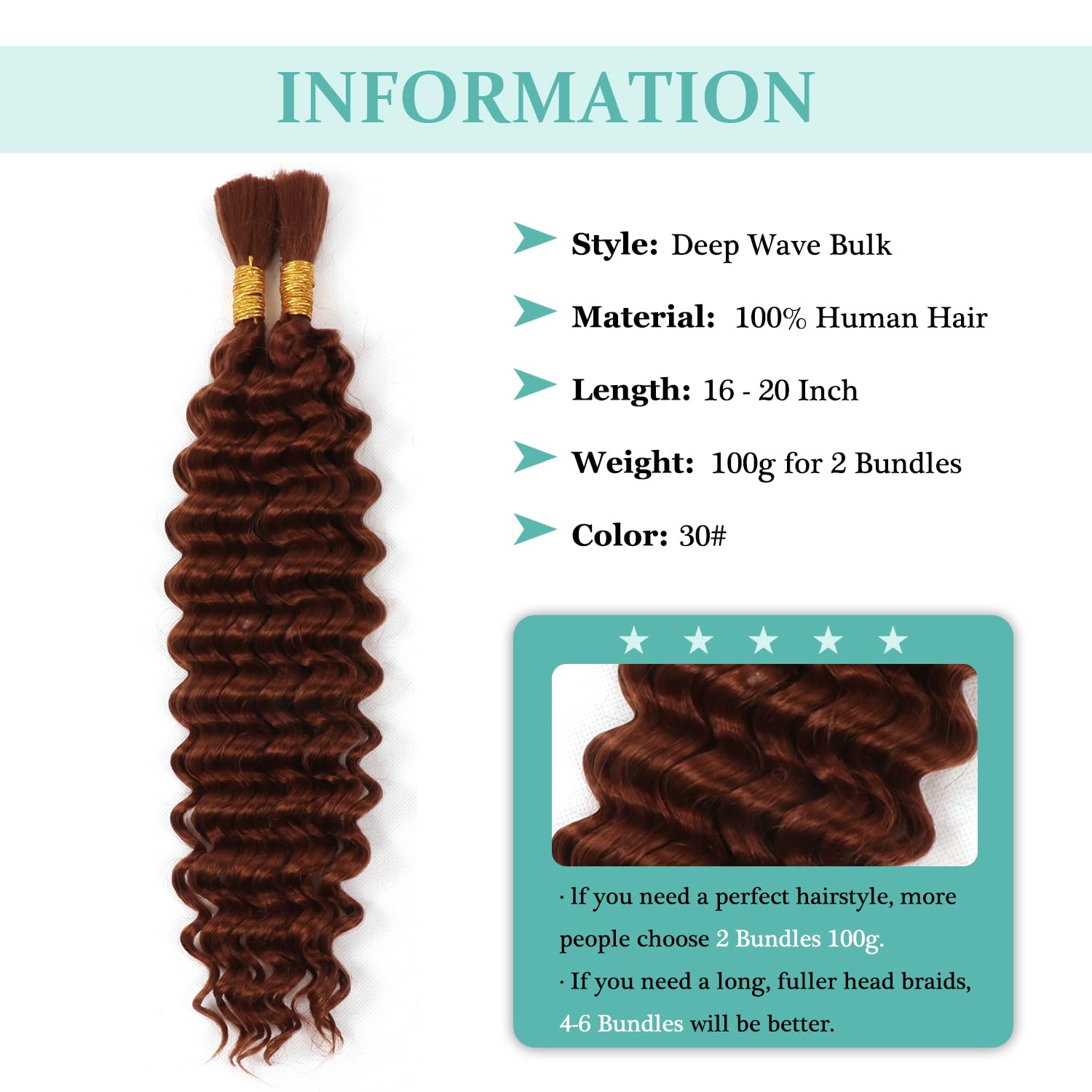 16 Inch Boho Braids Human Hair Extensions 2Bundles 100g Wet And Wavy Deep Wave Bulk Human Hair for Braiding No Weft Knotless Braids For Women (30# - Image 3