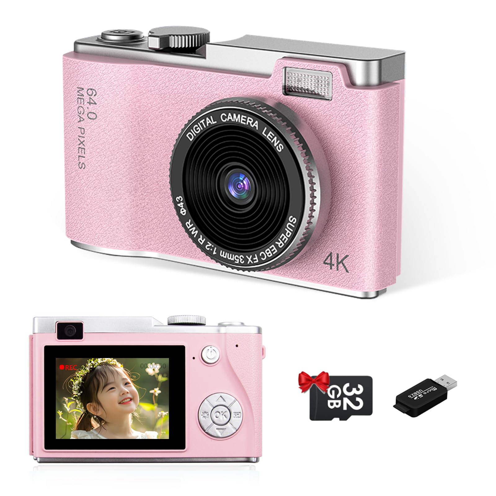 Sheewey 4K Digital Camera with Autofocus and Dual Camera with 32GB Card, 1080P Digital Camera 64MP Compact Camera for Girls and Teenagers