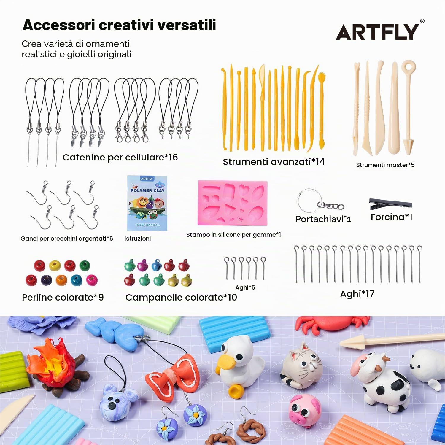 ARTFLY Argilla Polimerica, 50 Colori Kit Argilla, Argilla da Modellare al Forno, Kit Argilla Polimerica Creativa con Strumenti di Scultura e Accessori per Gioielli, Non Tossico