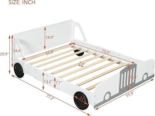 Miniatura 277 de Cama de plataforma en forma de auto de carreras con ruedas, cama de plataforma de madera tamaño individual con barandilla, cama de plataforma para