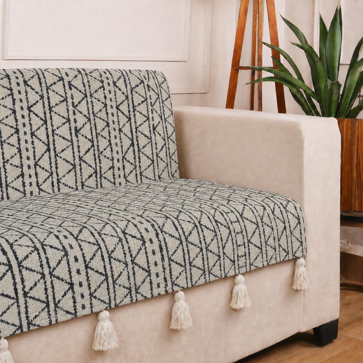 STITCHNEST 'Nomad Weave Collection' 3 Seater Sofa Cover – Full Coverage| Elegant Jacquard Fabric, Decorative Tassels, Washable & Durable for Modern Living