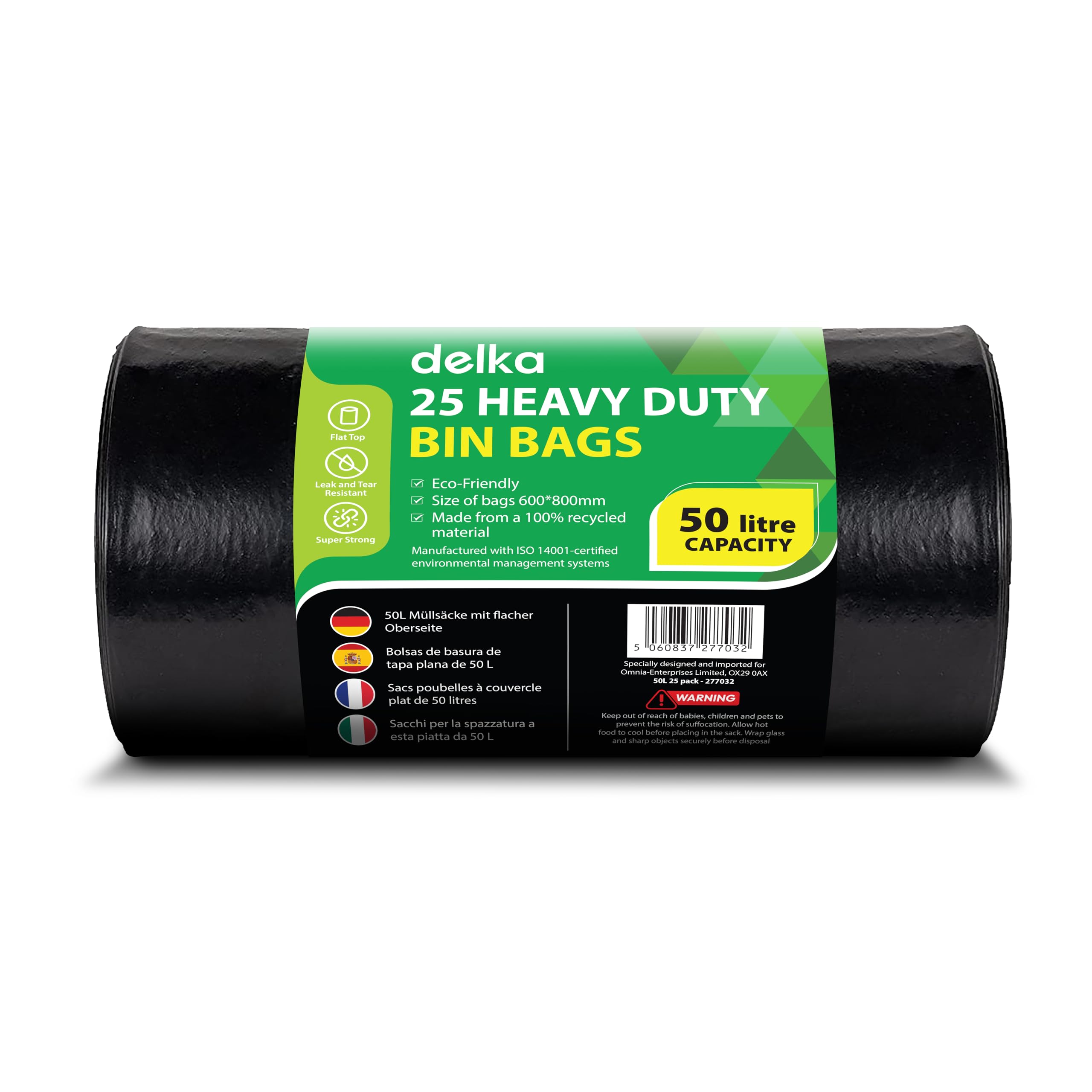 delka Heavy Duty Bin Bags, Extra Strong, Tear-Resistant Garbage Bags for Household, Commercial, and Garden Waste, Leak & Tear Resistant, Flat Top, Eco-Freindly, Recyclable (50L, 25 Pack)-picture-16