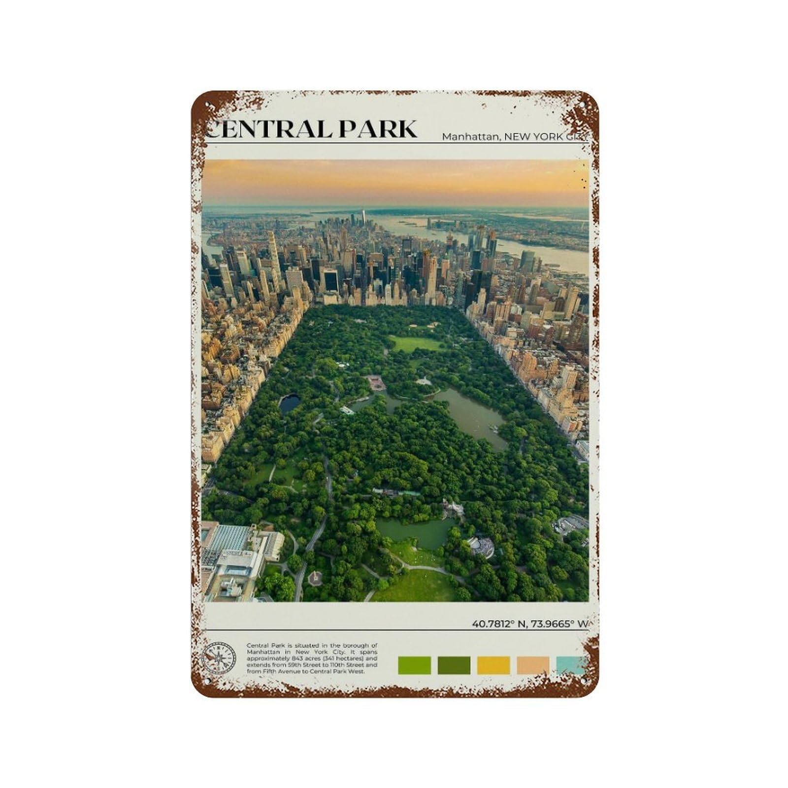 xiaoxiaoshen Real Photo Central Park New York City Wall Decor Art Metal Tin Poster Modern Home Decor Art Home Bar Shop Decorations Vintage Sign 30x20cm