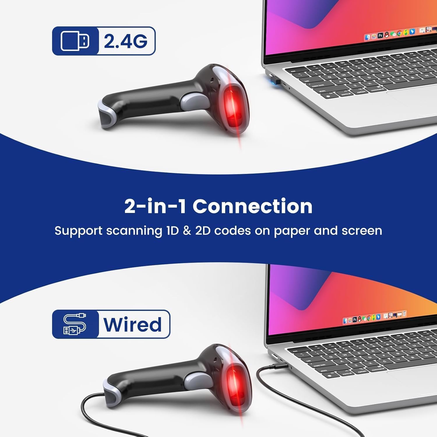 Eyoyo Barcode Scanner 1D 2D QR kabelgebunden 2.4G Wireless Handheld Barcode Leser für PC Mac Laptop
