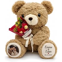 Custom Photo Teddy Bear with Flower, Personalized Memory Gift, 10/13"