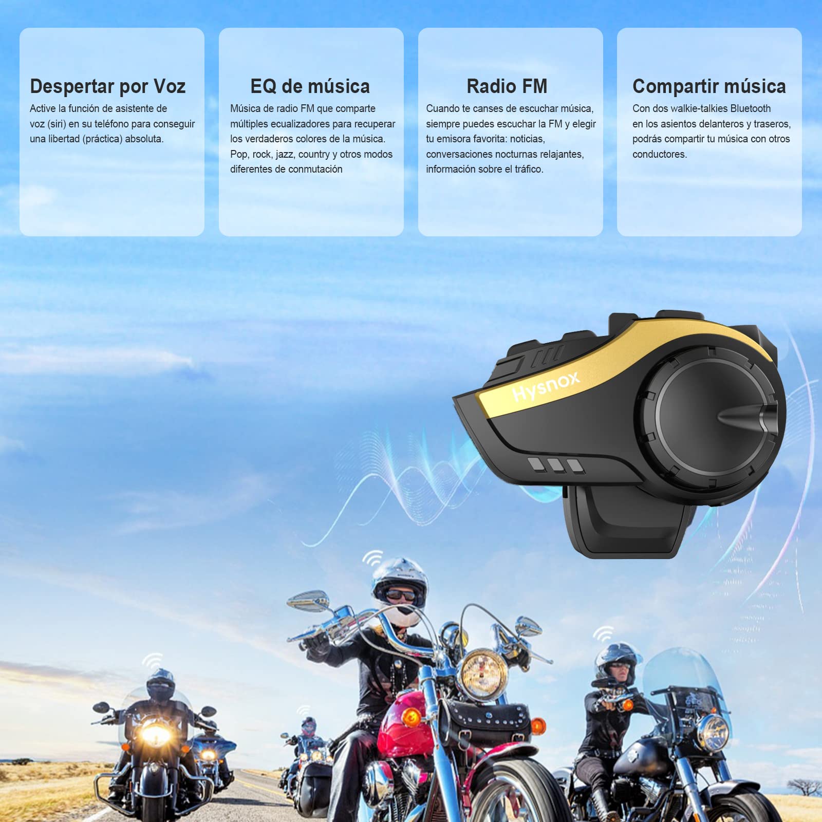 BIGFOX Intercomunicador Casco Moto Bluetooth 5.0,6 Personas 2KM Comunicación Intercom Auriculares,Impermeabilidad Casco Moto Manos Libres para Motocicletas con Control por Voz y Radio FM(Oro)