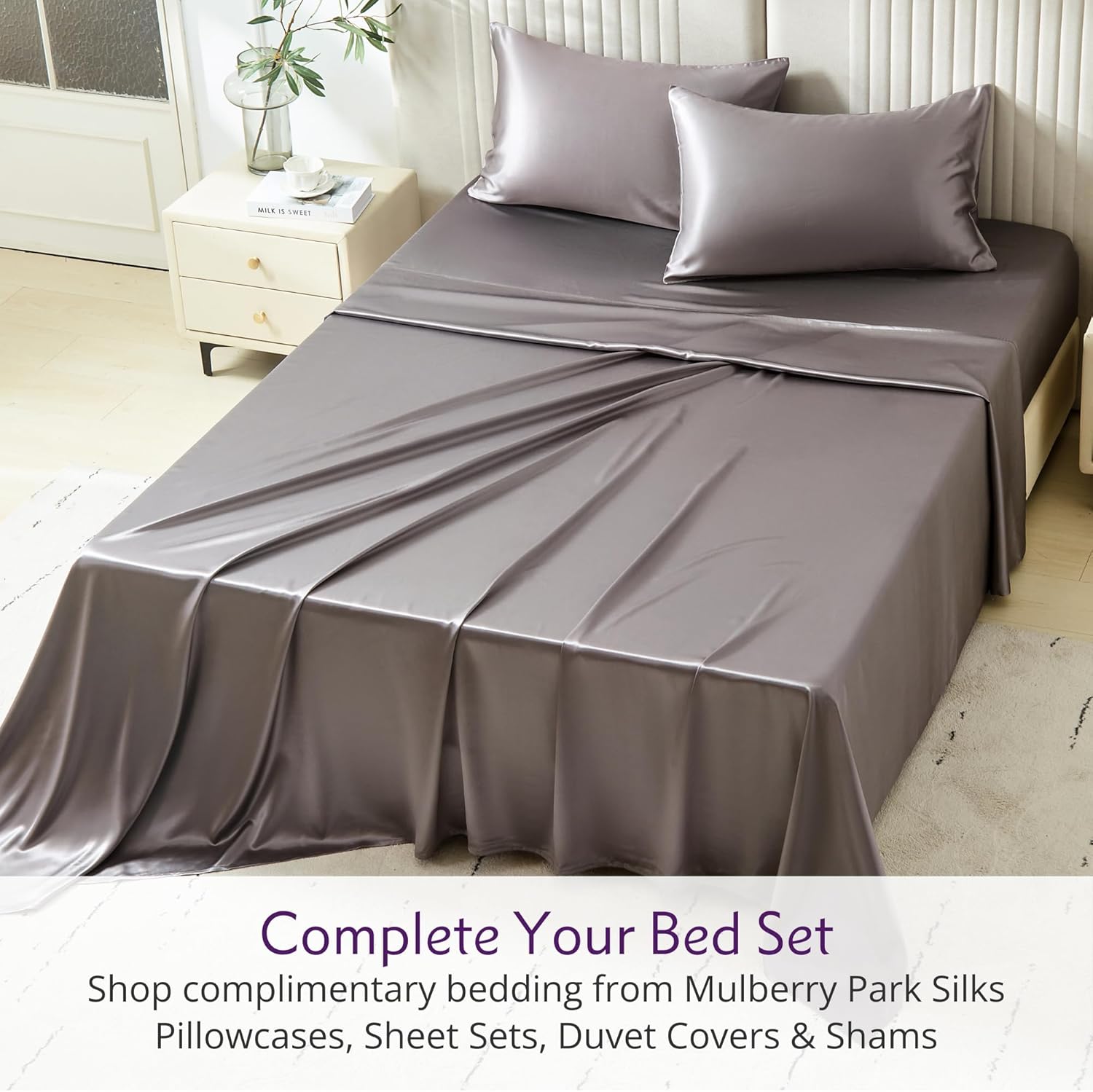Mulberry Park 100% Pure King Silk Fitted Sheet 22 Momme 6A Mulberry Silk Bed Sheets with 16" Deep Pocket - Breathable, Ultra-Soft, Seamless - Gunmetal