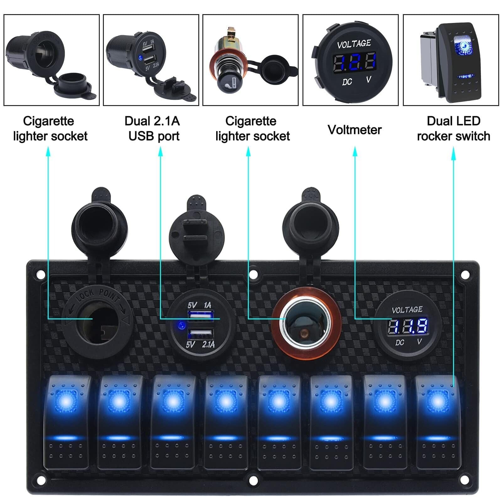 Auxbeam 8 Gang Rocker With 2 USB Ports & Voltmeter - 12V/24V For Car ...
