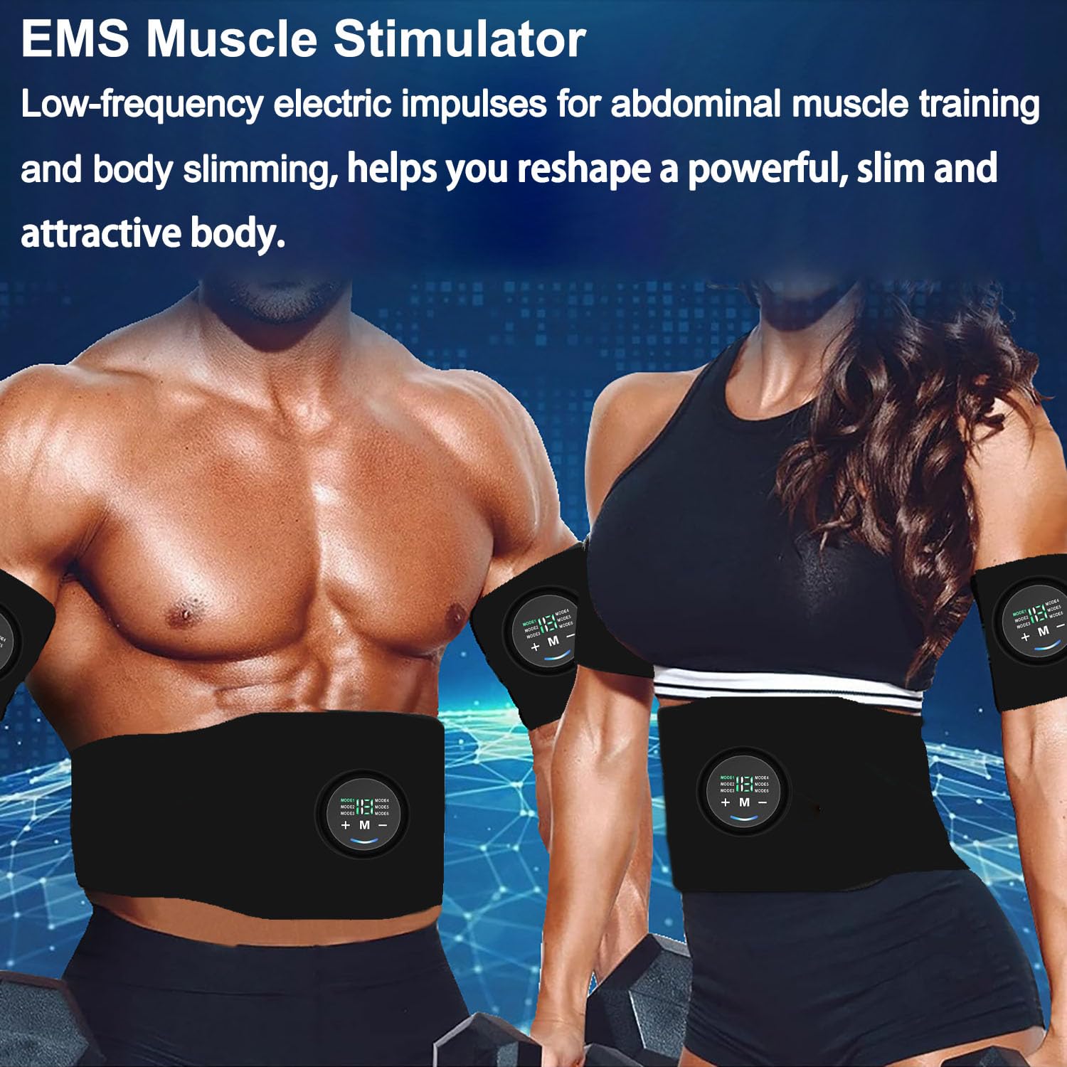 Elettrostimolatore Muscolare EMS - Cintura Addominale E Fasce Per Braccia/Gambe, 6 Modalità, 18 Intensità, Ricarica USB