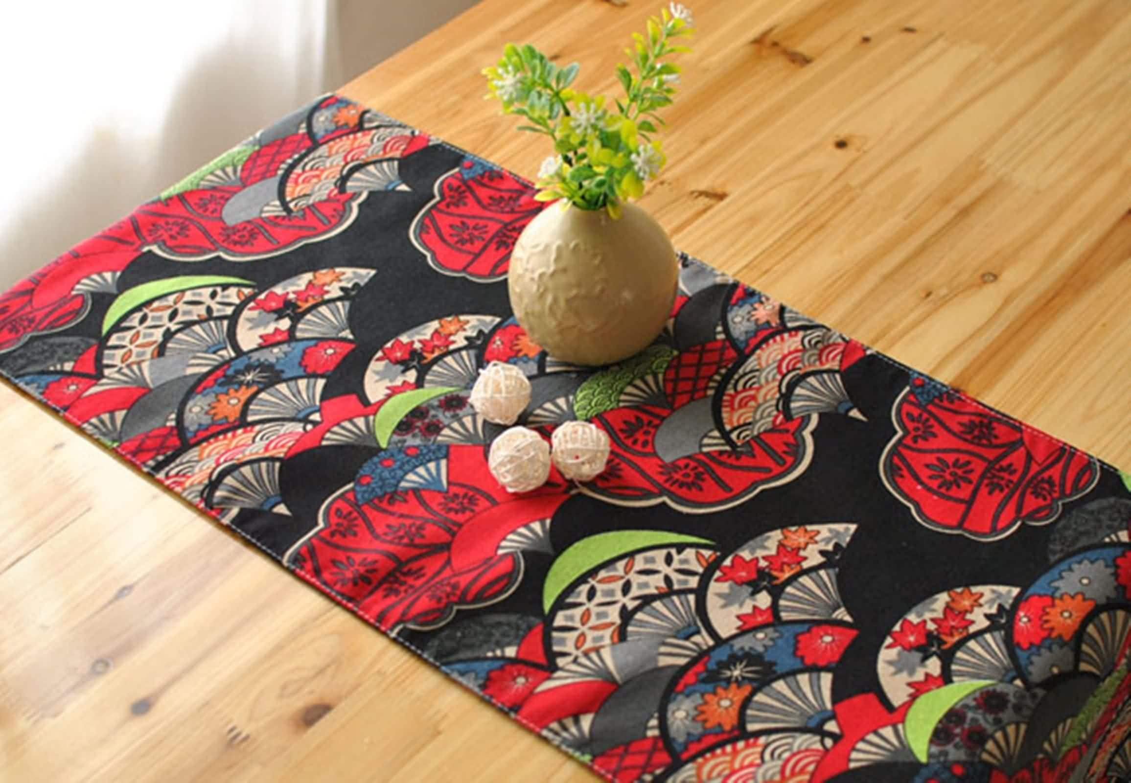 Runner da tavolo per San Valentino, runner autunnale, rosso, 40 x 200 cm, motivo ventaglio vintage in cotone e lino sala da pranzo moderna cucina soggiorno arredamento